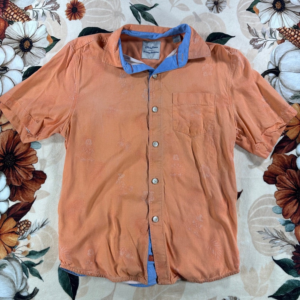 Disney Parks Tommy Bahama Mens Silk Camp Shirt Orange Mickey Mouse Size Small